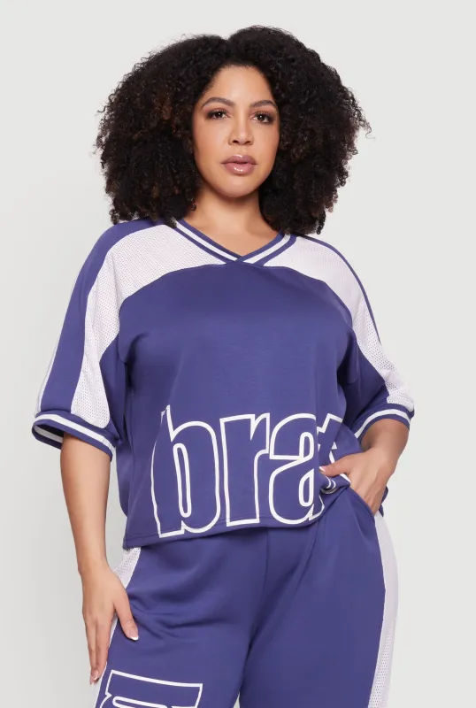 Plus Size Brat Graphic Jersey Mesh Detail Top sold by Rainbow