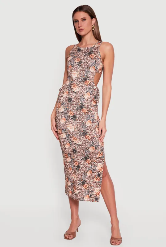 Floral Animal Print Side Slit Cut Out Detail Dress sold by Rainbow