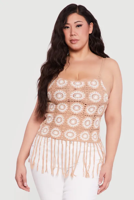 Plus Size Fringe Hem Scoop Neck Crochet Cami made by Rainbow