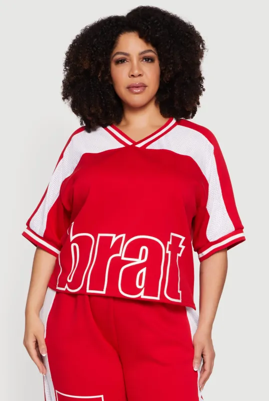 Plus Size Brat Graphic Jersey Mesh Detail Top sold by Rainbow