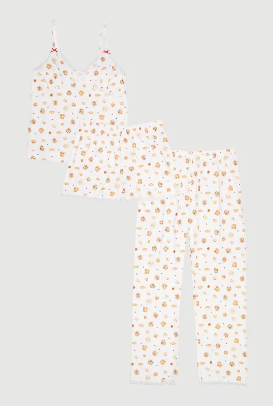 Breakfast Graphic Pajama Cami with Shorts and Pants made by Rainbow