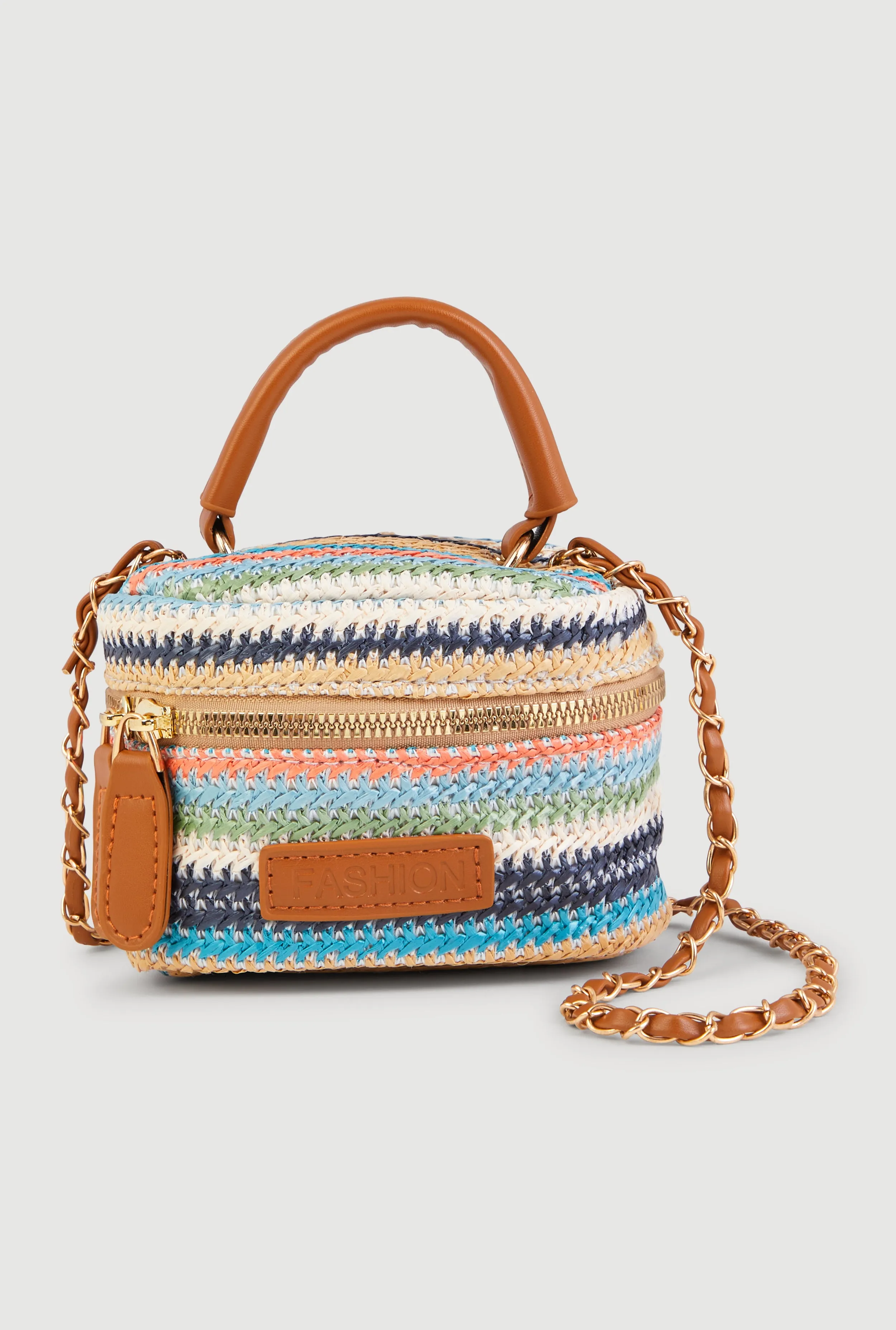 Faux Leather Chain Detail Striped Raffia Crossbody Bag sold by Rainbow