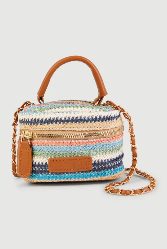 Faux Leather Chain Detail Striped Raffia Crossbody Bag sold by Rainbow
