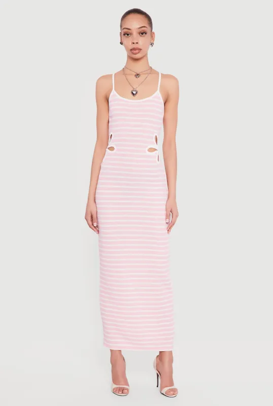 Flower Side Cut Out Striped Maxi Dress made by Rainbow