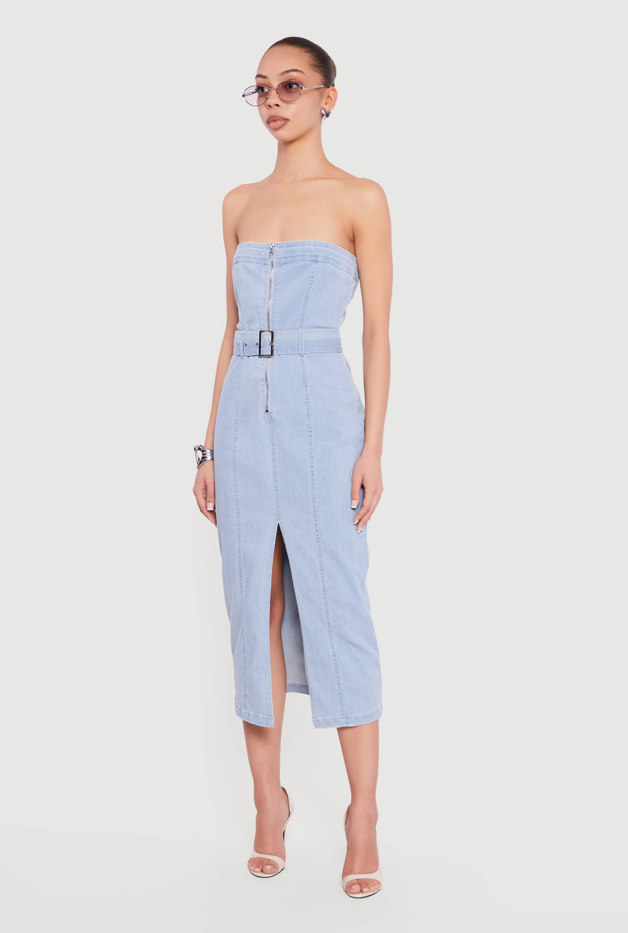 Zip Front Strapless Denim Dress with Belt sold by Rainbow product image thumbnail 2