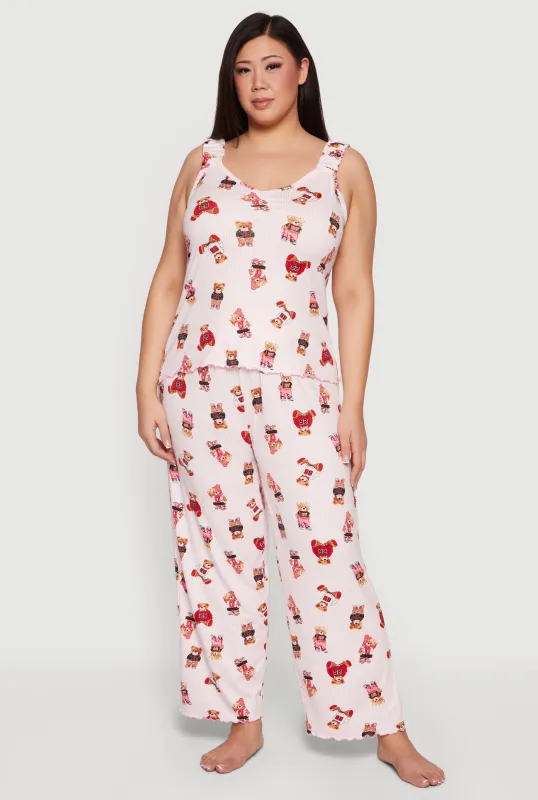 Plus Size Striped Bear Print Pajama Top and Lounge Pants made by Rainbow