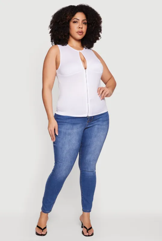 Plus Size Keyhole Detail Ruched Zip Front Top sold by Rainbow