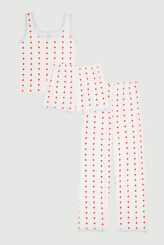 Strawberry Print Pajama Top with Pants and Shorts 3 Piece Set sold by Rainbow