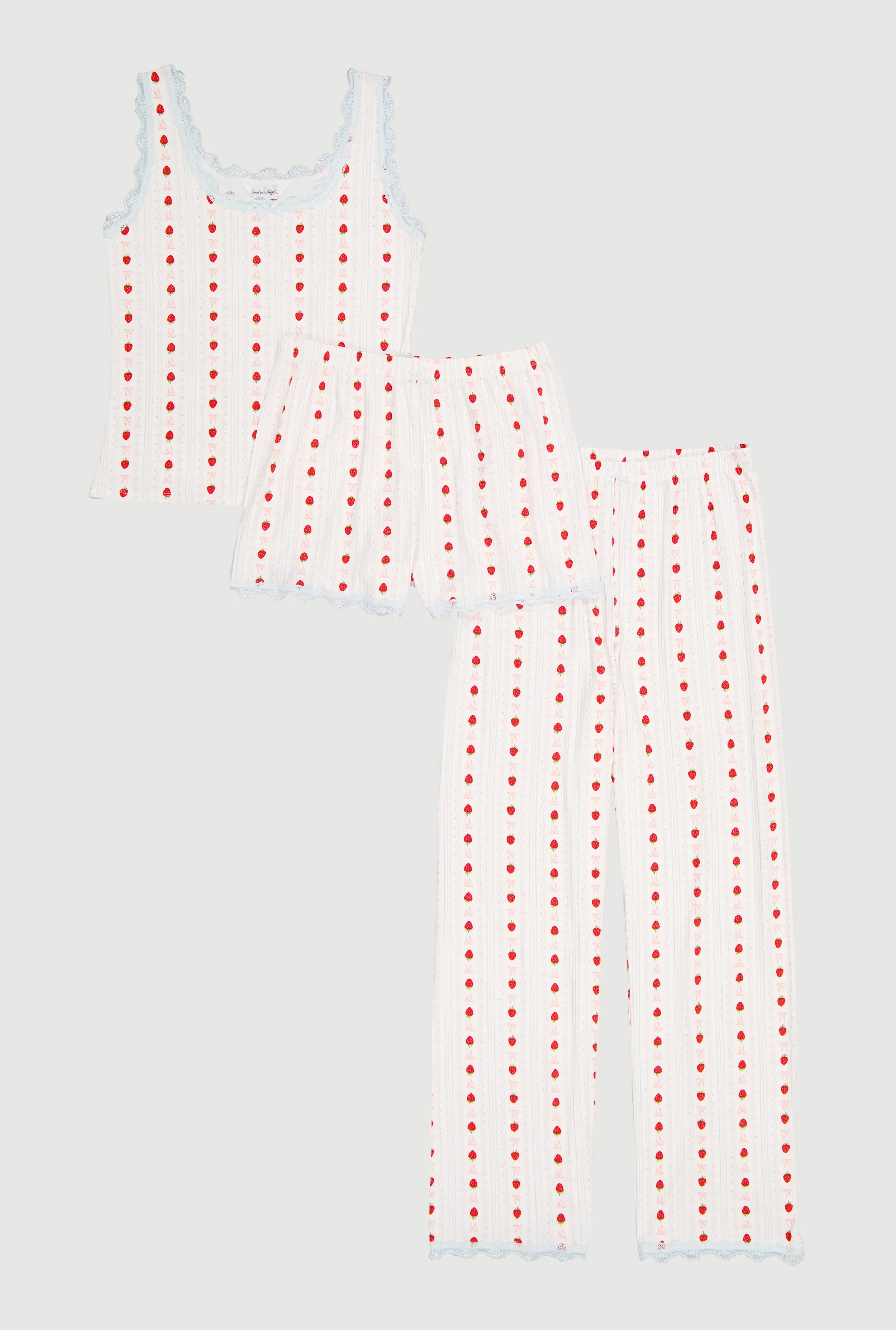 Strawberry Print Pajama Top with Pants and Shorts 3 Piece Set sold by Rainbow