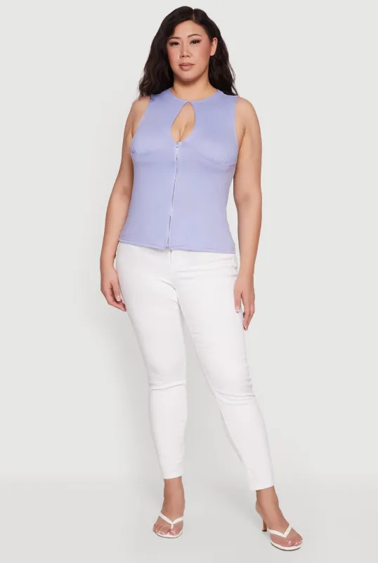Plus Size Keyhole Detail Ruched Zip Front Top made by Rainbow
