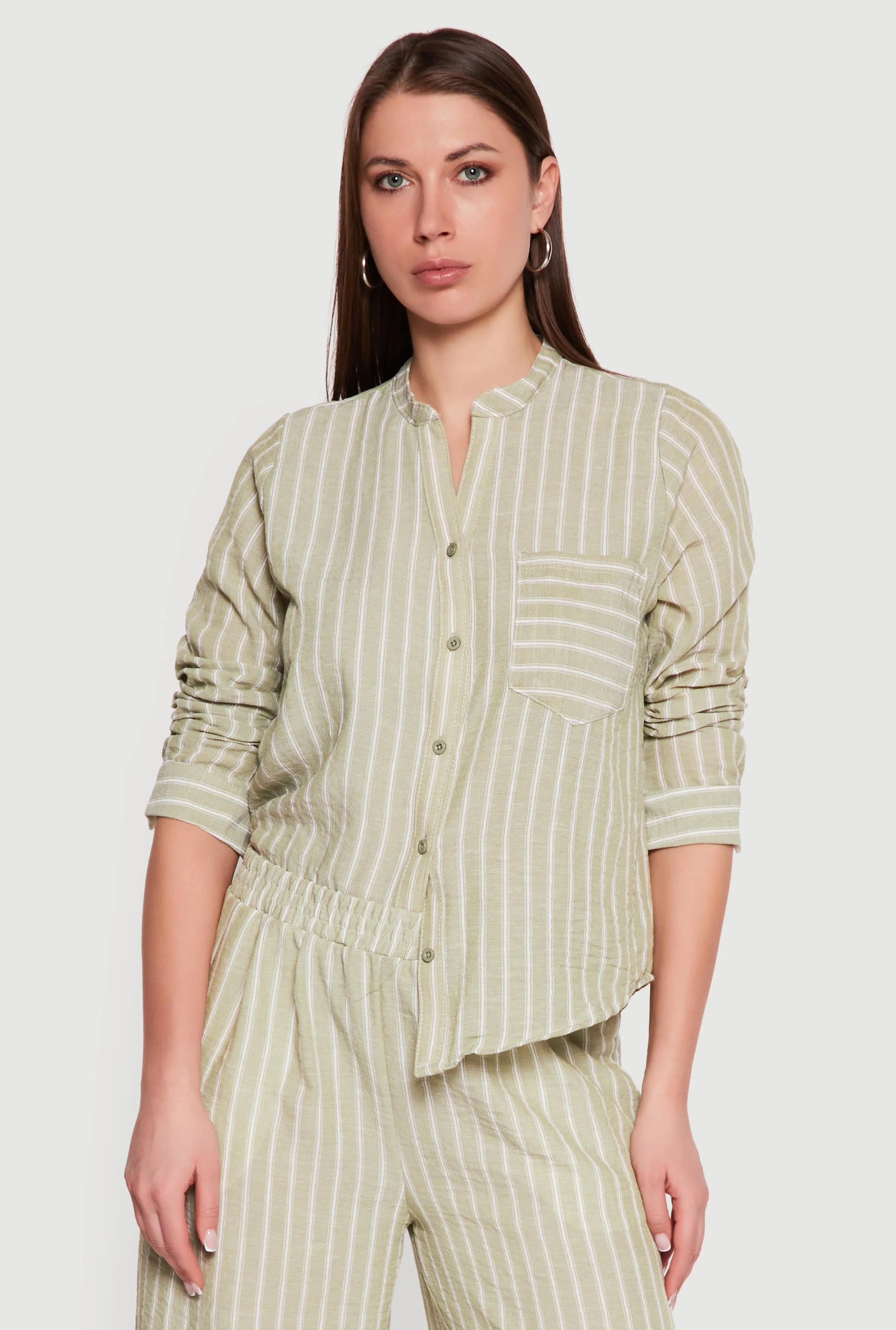 Striped V-Neck Button Front Long Sleeve Shirt sold by Rainbow