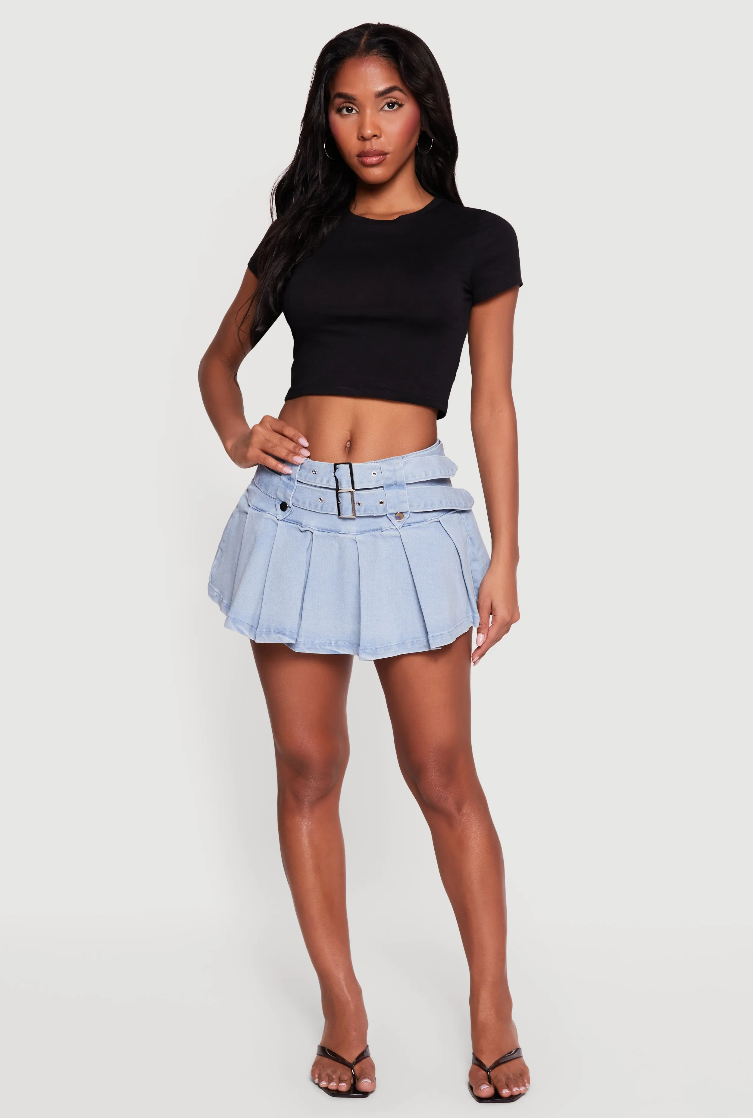 Denim Double Belted Pleated Mini Skort sold by Rainbow