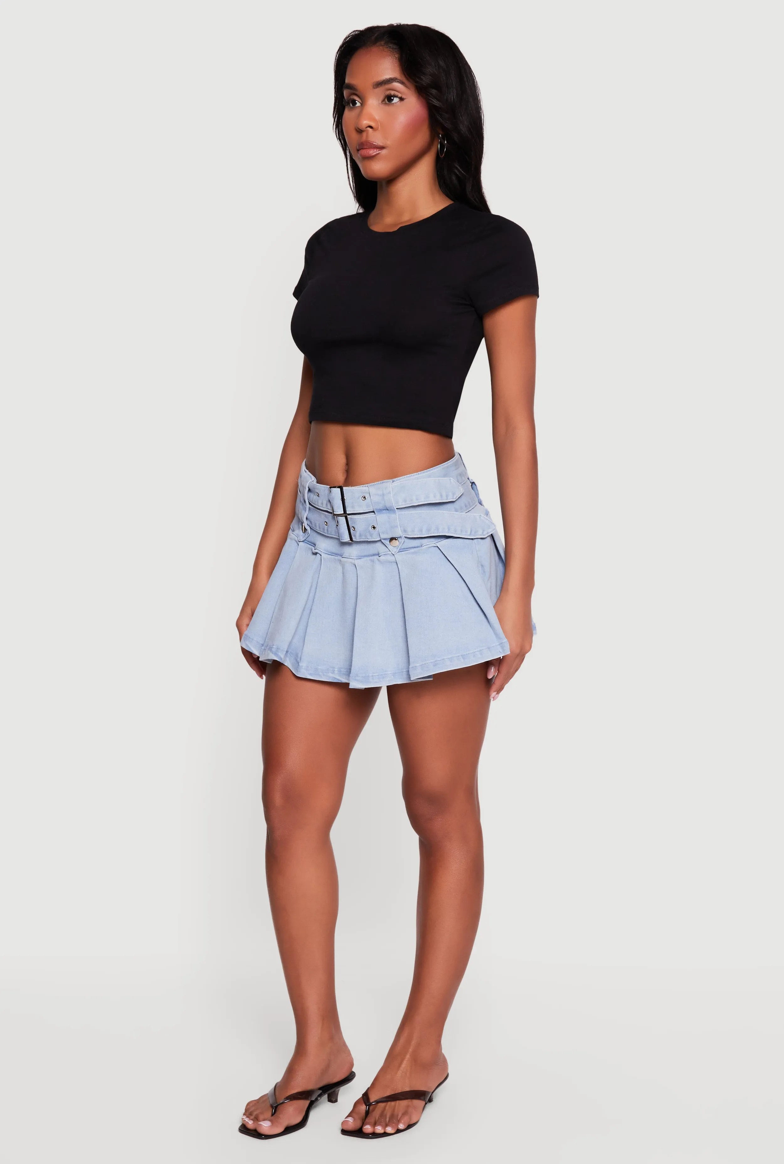 Denim Double Belted Pleated Mini Skort sold by Rainbow product image thumbnail 2