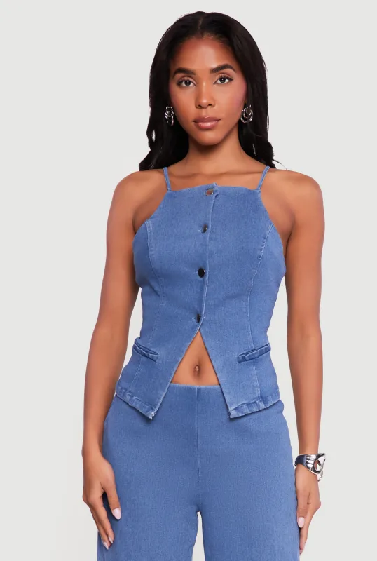 Sleeveless Button Front Denim Top made by Haute Monde