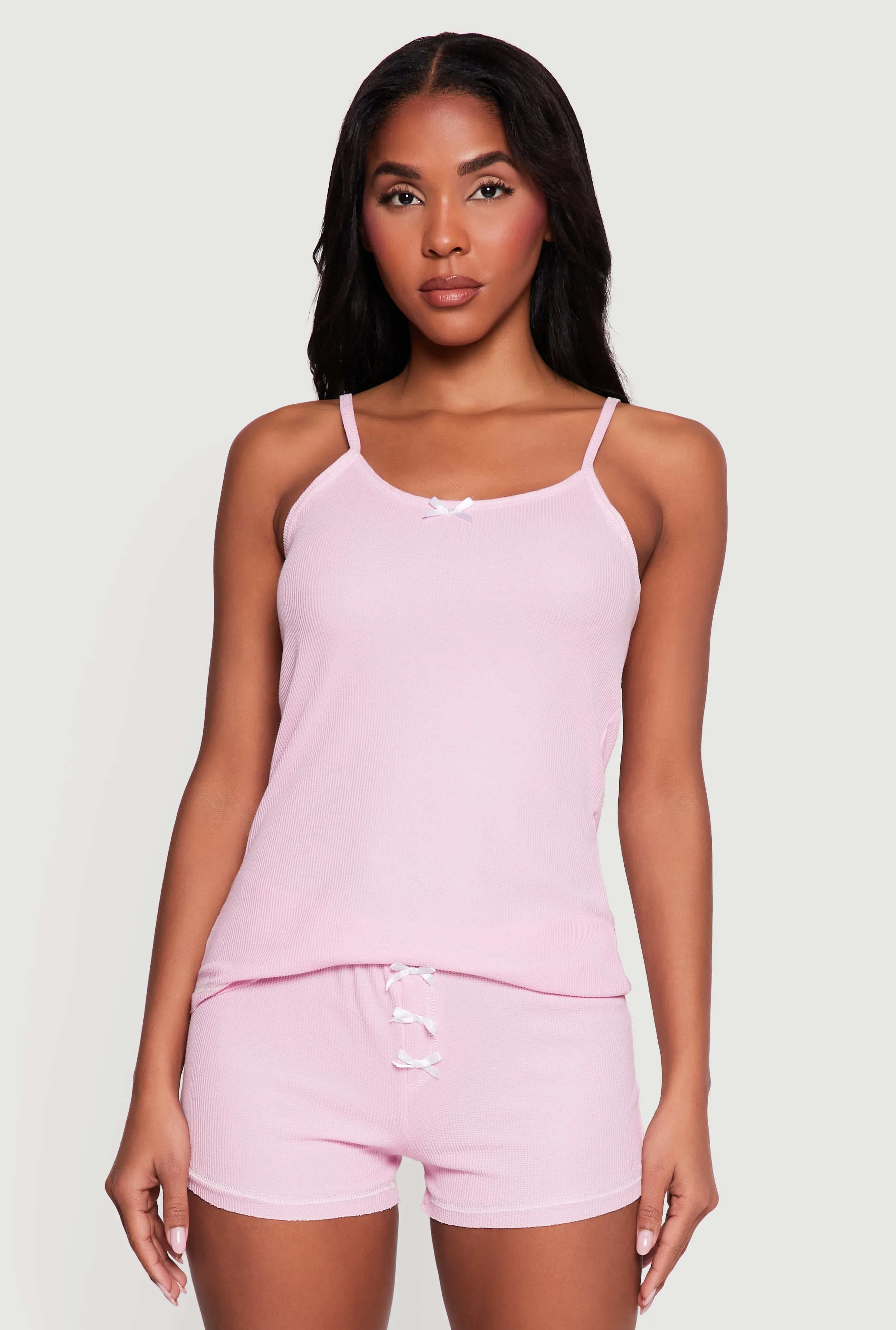 Waffle Knit Bow Detail Pajama Cami and Shorts Set sold by Rainbow