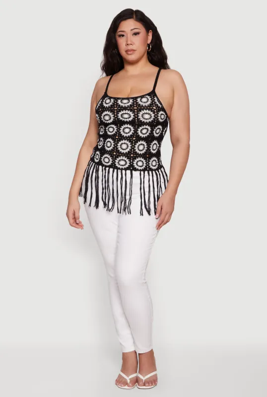 Plus Size Fringe Hem Scoop Neck Crochet Cami sold by Rainbow