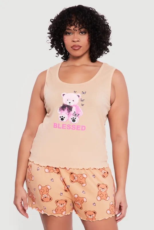 Plus Size Blessed Teddy Graphic Pajama Top and Shorts Set sold by Rainbow