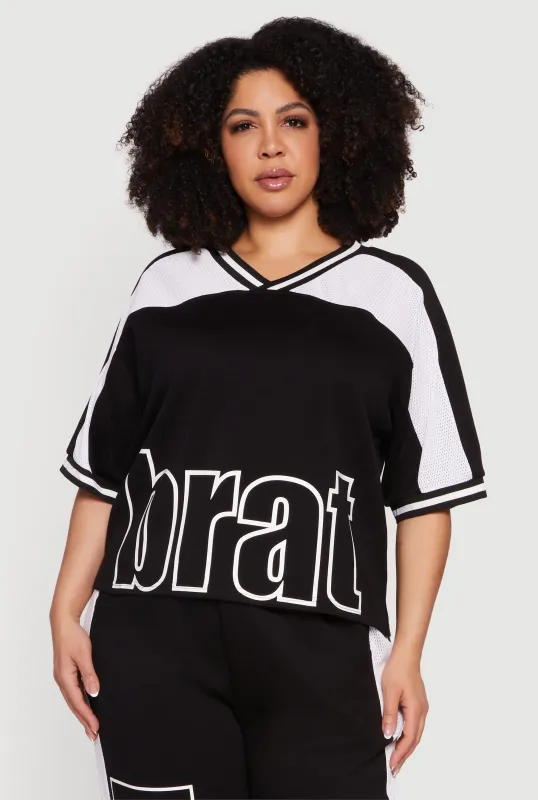 Plus Size Brat Graphic Jersey Mesh Detail Top sold by Rainbow