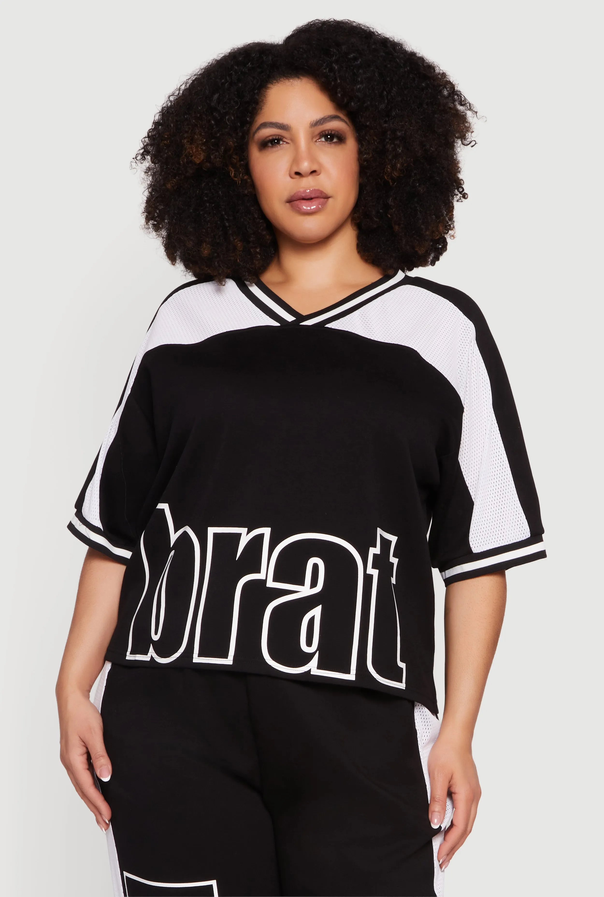 Plus Size Brat Graphic Jersey Mesh Detail Top sold by Rainbow