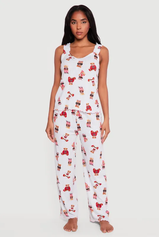 Striped Teddy Bear Print Pajama Tank Top and Pants made by Rainbow