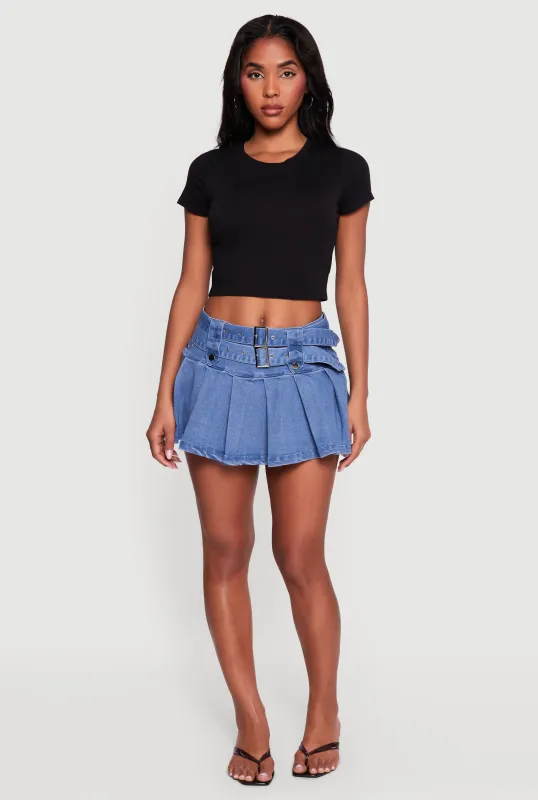 Denim Double Belted Pleated Mini Skort sold by Rainbow