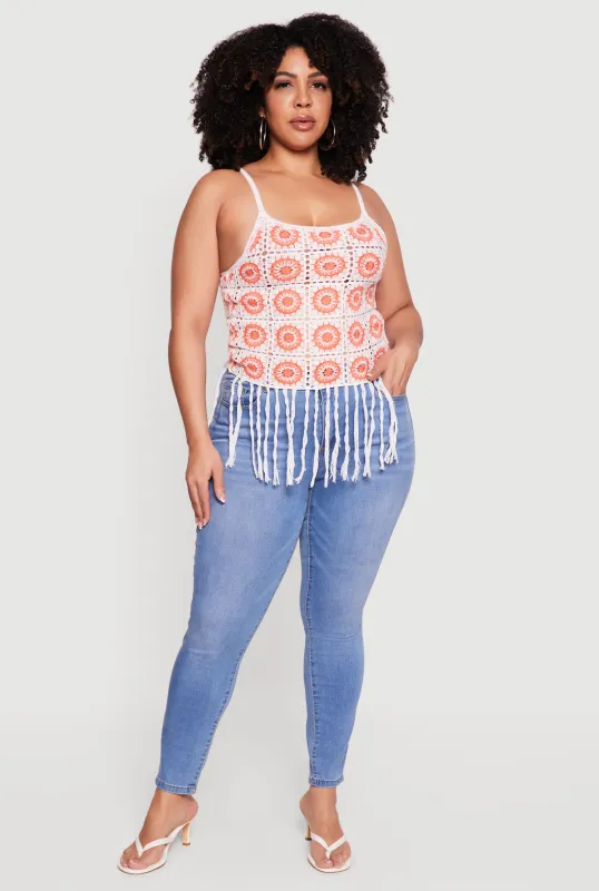 Plus Size Fringe Hem Scoop Neck Crochet Cami made by Rainbow