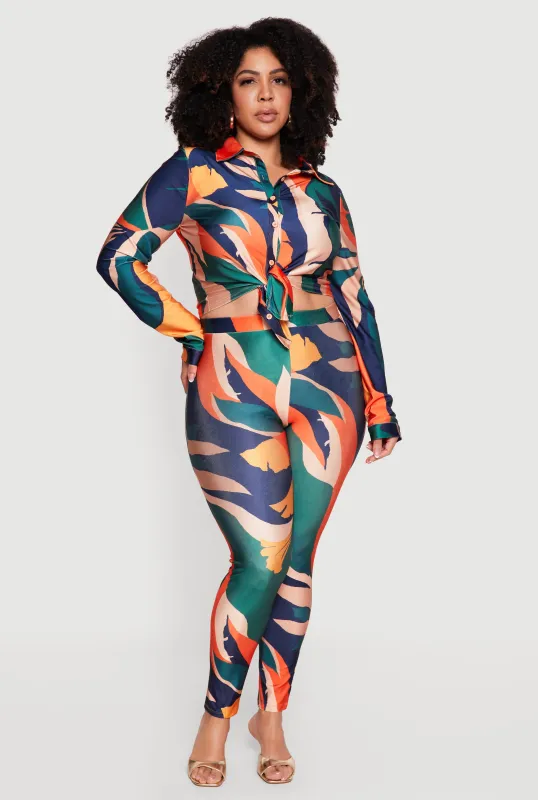 Plus Size Abstract Leaf Print Leggings made by Rainbow
