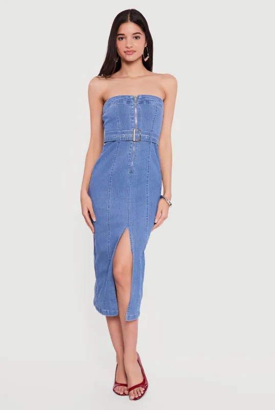Zip Front Strapless Denim Dress with Belt sold by Rainbow