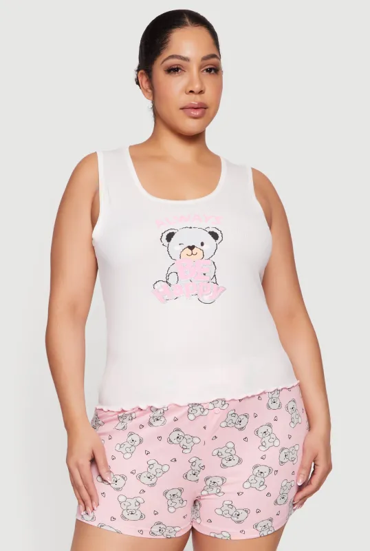 Plus Size Always Be Happy Graphic Pajama Tank Top and Shorts sold by Rainbow