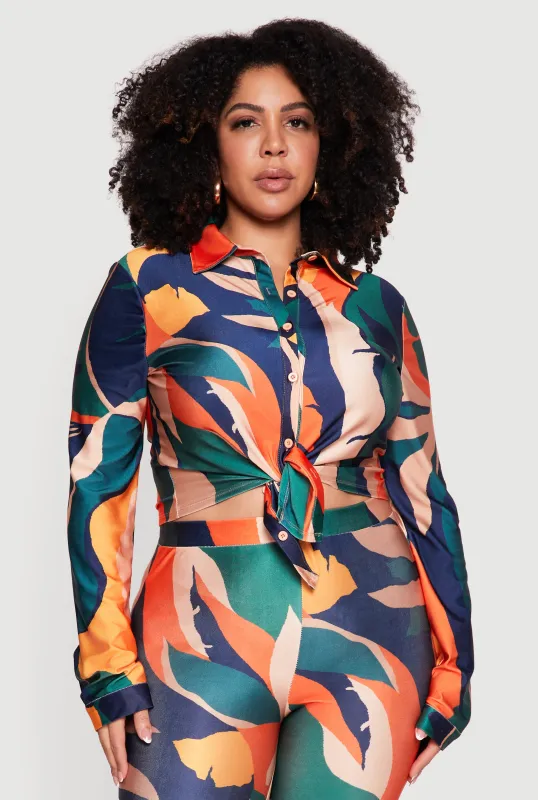 Plus Size Abstract Leaf Print Tie Front Shirt sold by Rainbow
