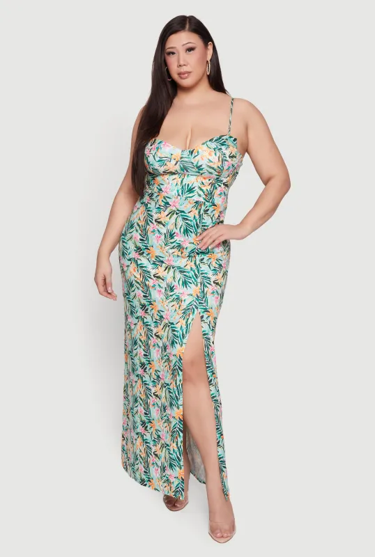 Plus Size Tropical Floral Side Slit Bustier Maxi Dress sold by Rainbow