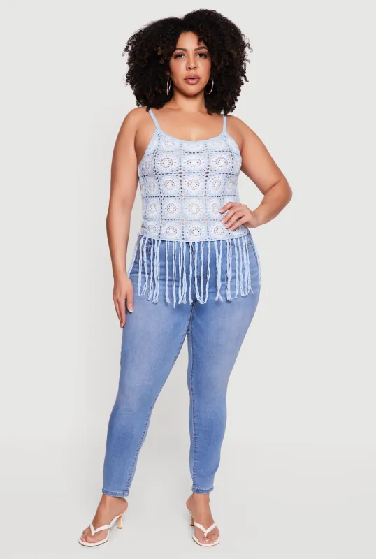 Plus Size Fringe Hem Scoop Neck Crochet Cami made by Rainbow