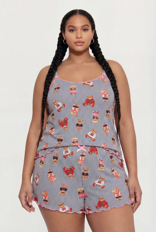 Plus Size Striped Bear Graphic Pajama Cami and Shorts Set sold by Rainbow