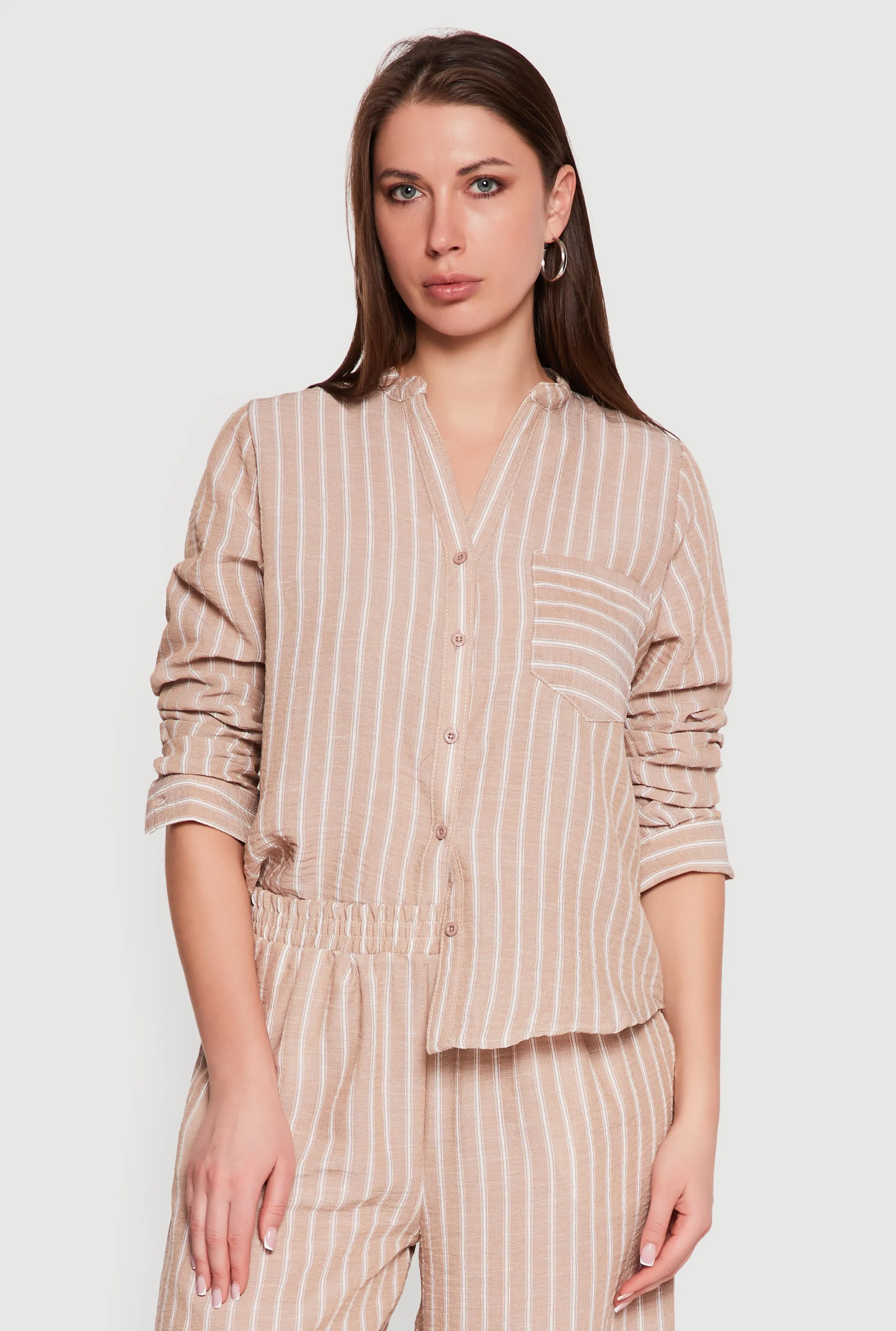 Striped V-Neck Button Front Long Sleeve Shirt sold by Rainbow