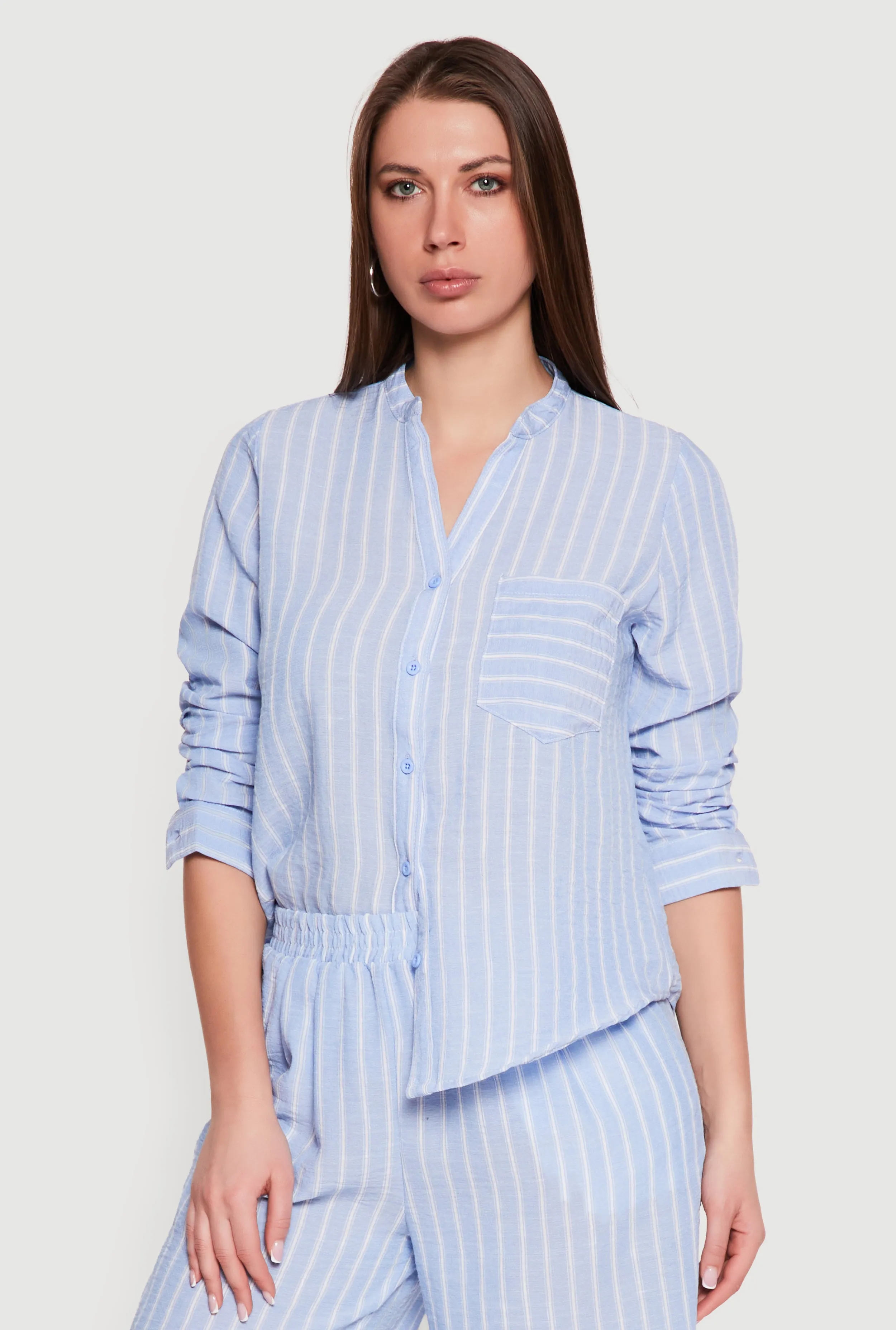 Striped V-Neck Button Front Long Sleeve Shirt sold by Rainbow