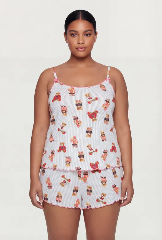 Plus Size Striped Bear Graphic Pajama Cami and Shorts Set sold by Rainbow