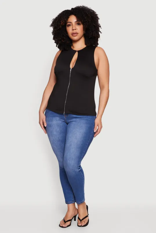 Plus Size Keyhole Detail Ruched Zip Front Top made by Rainbow