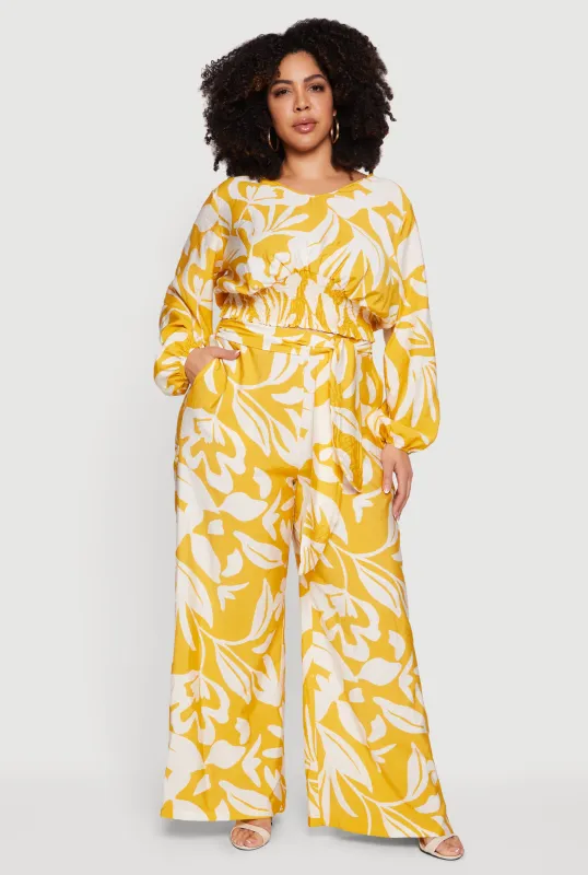 Plus Size Floral Print Tie Front Wide Leg Pants made by Rainbow