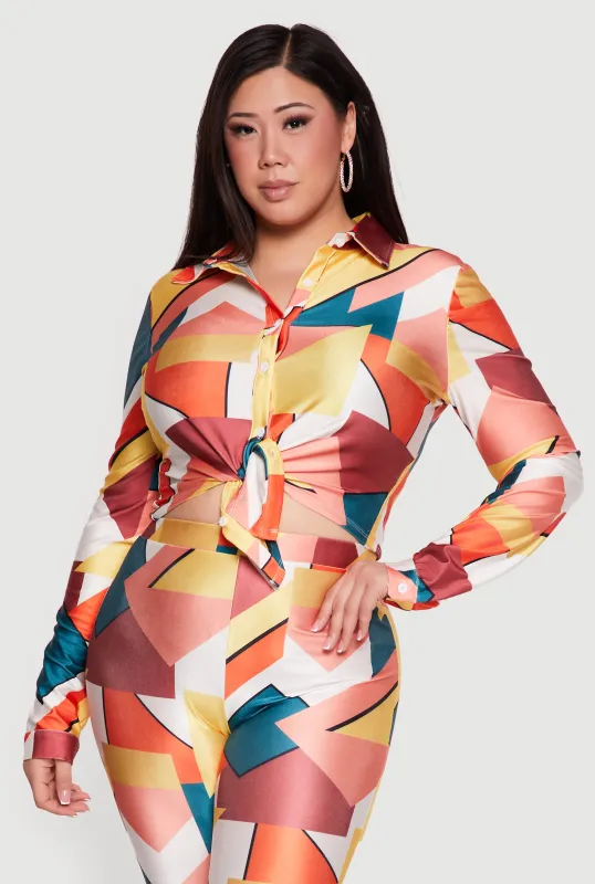 Plus Size Abstract Print Tie Front Cropped Shirt sold by Rainbow