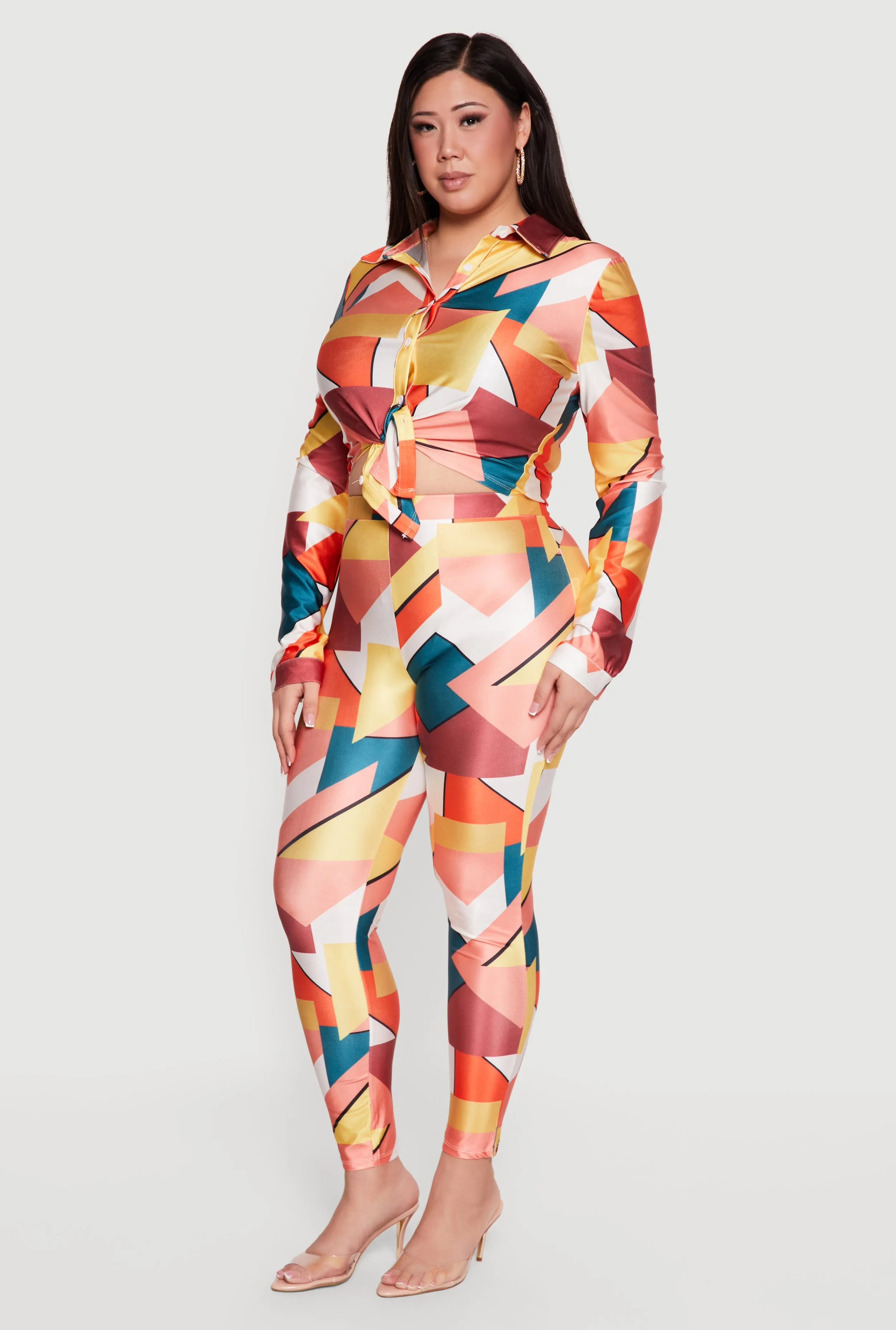 Plus Size Abstract Print Tie Front Cropped Shirt sold by Rainbow product image thumbnail 3