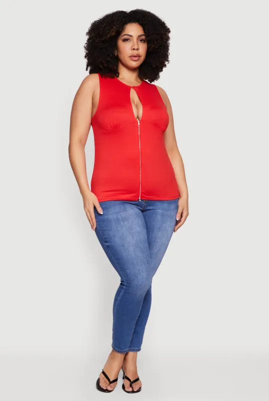 Plus Size Keyhole Detail Ruched Zip Front Top sold by Rainbow
