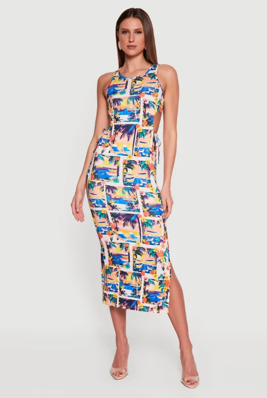 Tropical Print Side Slit Midi Dress sold by Rainbow
