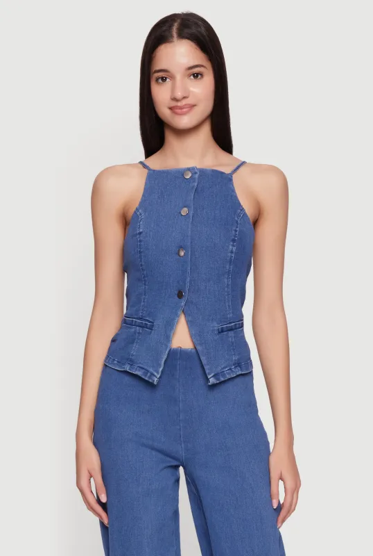 Sleeveless Button Front Denim Top made by Haute Monde