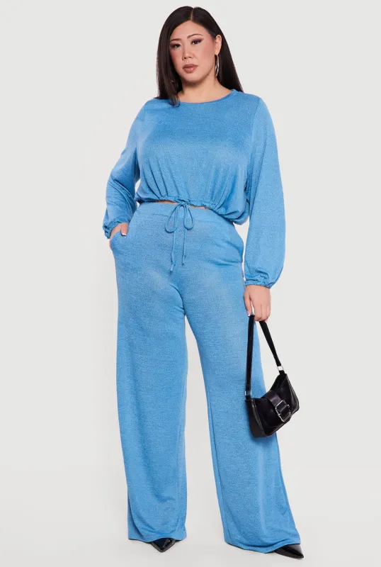 Plus Size High Waisted Wide Leg Brushed Knit Pants sold by Rainbow