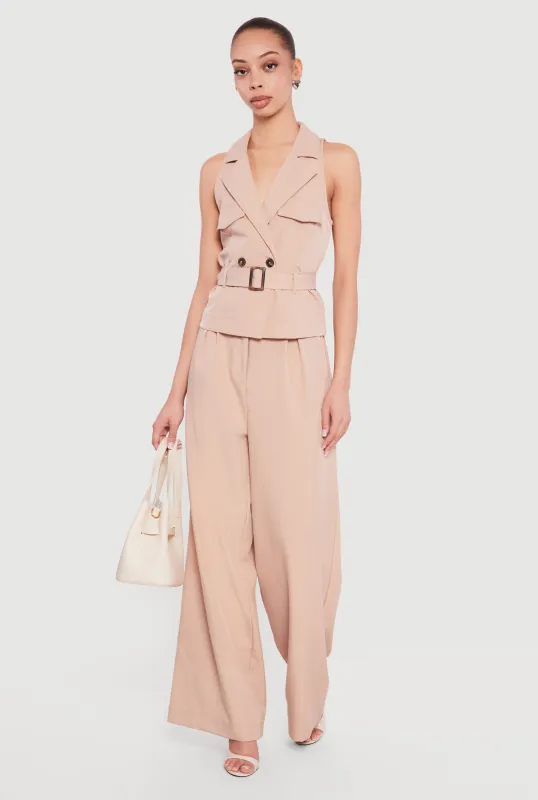 Collared Wide Leg Jumpsuit with Belt made by Haute Monde