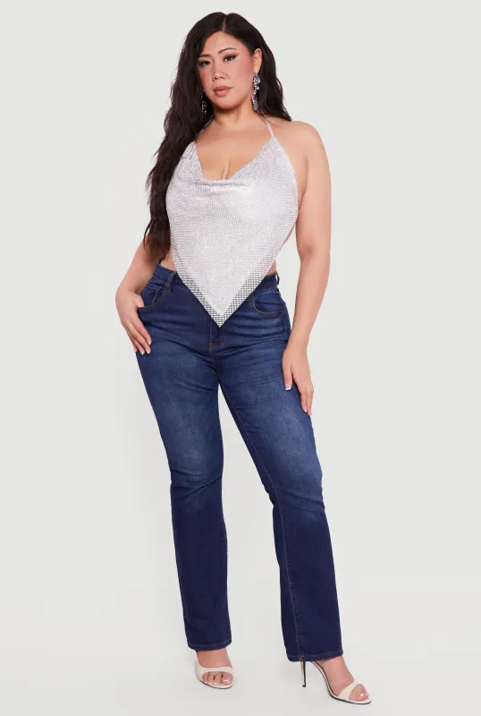 Plus Size Rhinestone Hanky Hem Open Back Halter Top sold by Rainbow