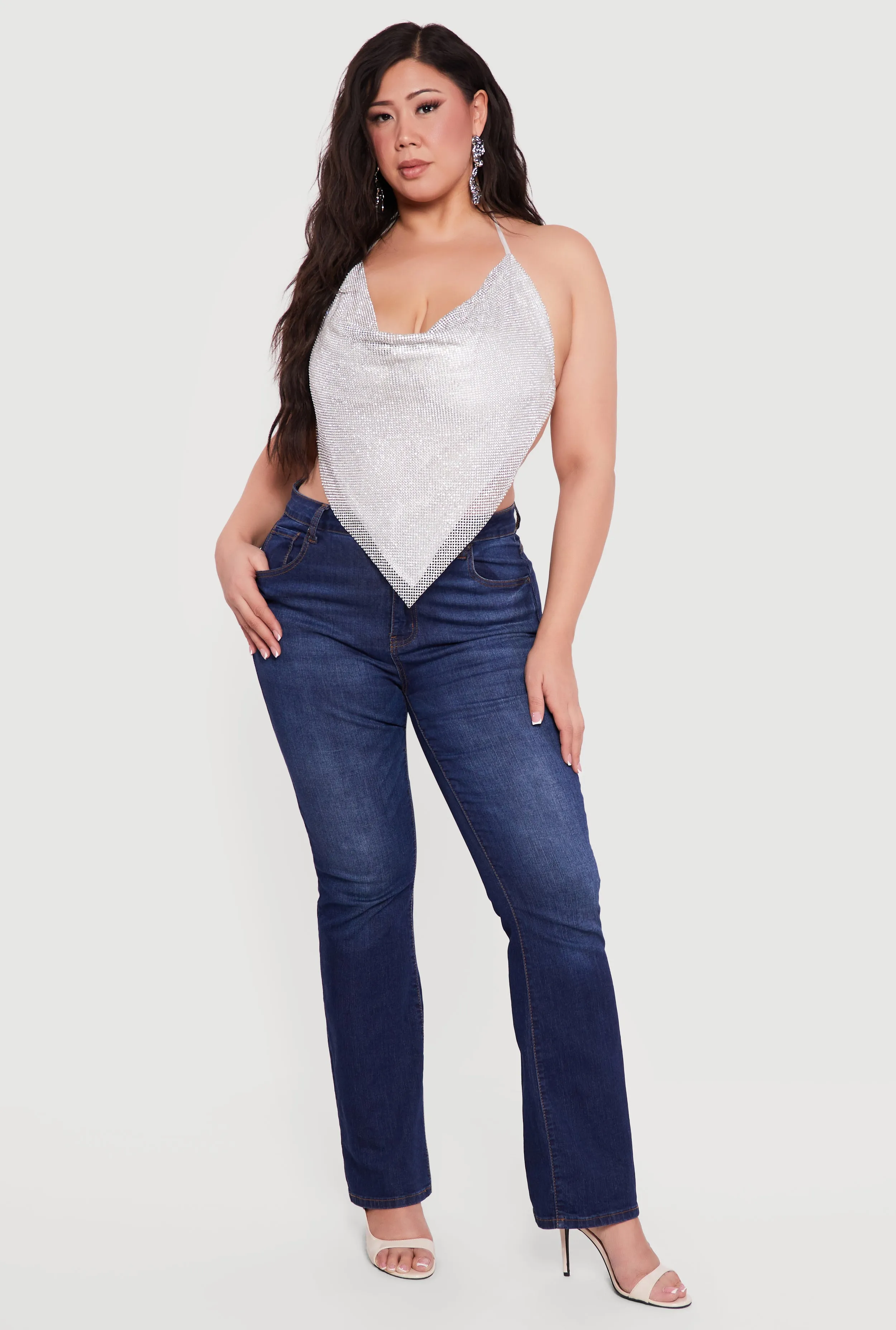 Plus Size Rhinestone Hanky Hem Open Back Halter Top sold by Rainbow