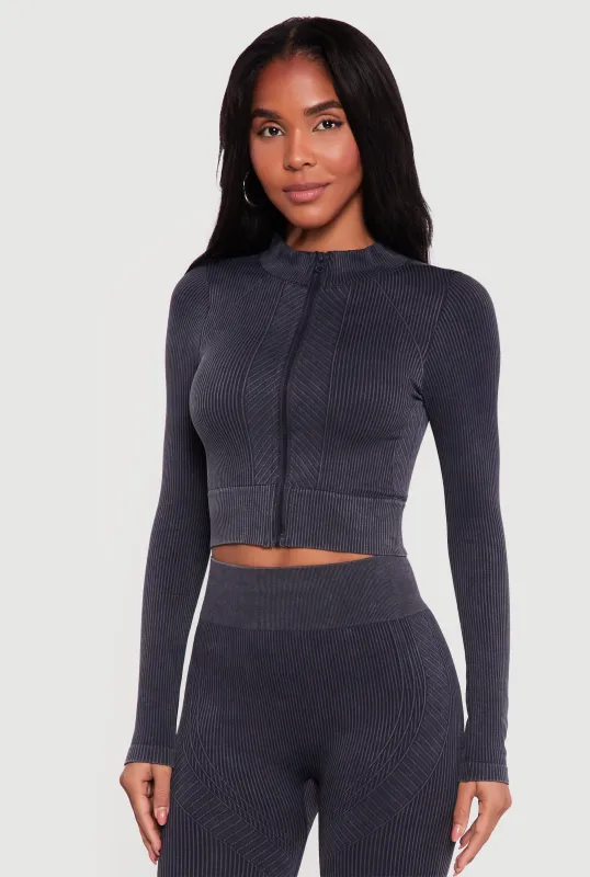 Mineral Wash Ribbed Cropped Zip Front Active Jacket sold by Rainbow