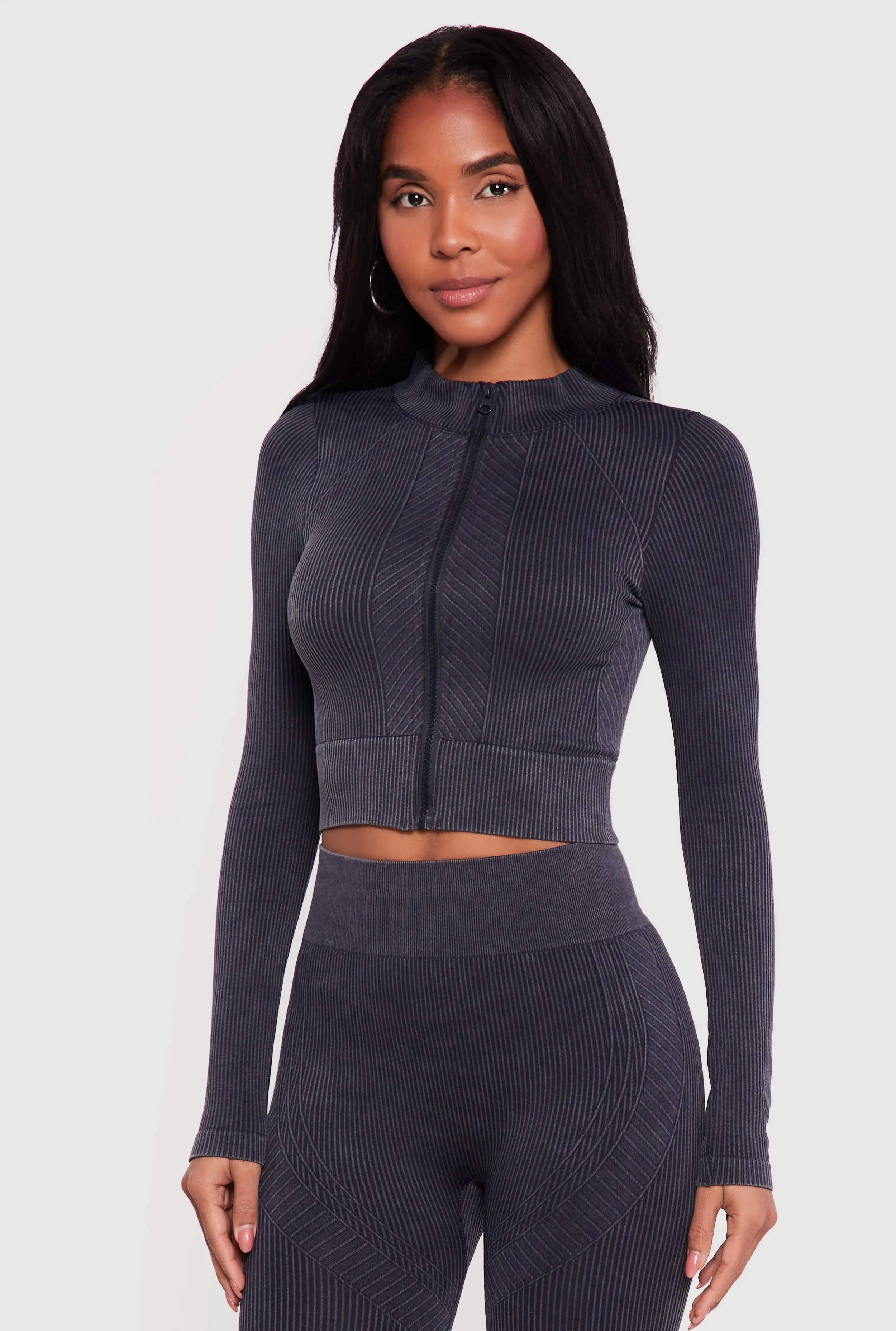 Mineral Wash Ribbed Cropped Zip Front Active Jacket sold by Rainbow