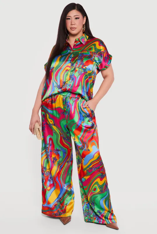 Plus Size Floral Psychedelic Swirl Satin Wide Leg Pants made by Rainbow